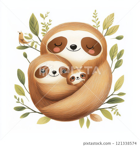 Cute sloth family illustration with mother, baby, and small sloth surrounded by leaves and bird. This charming artwork evokes warmth and love Cute sloth family illustration with mother, baby, and small sloth surrounded by leaves and bird. This charming artwork evokes warmth and love 121338574