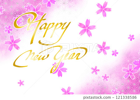 New Year's card with watercolor cherry blossoms and hemp leaves 121338586