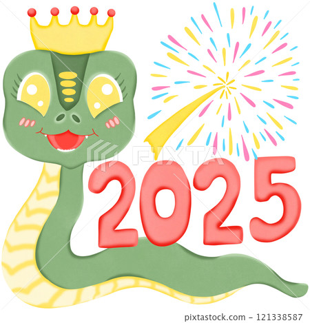 Adorable green snake wearing a crown, celebrating New Year 2025 with vibrant fireworks in the background, cheerful and festive mood. 121338587