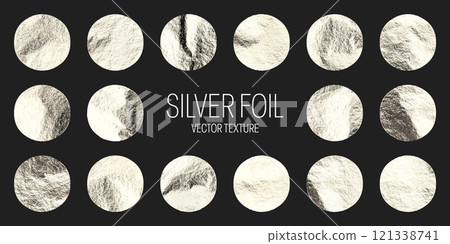 Silver foil, shiny handmade circles. Golden glittering texture, pattern. Luxury shining hand drawn background. Wedding, greeting card decoration elements. Modern minimalist art. Vector illustration 121338741