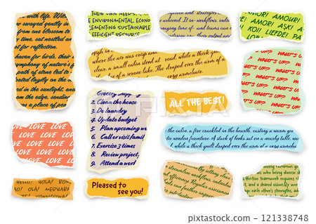 Ripped paper strips with handwritten text. Realistic crumpled paper scraps with torn edges. Shreds of notebook, book or old newspaper pages. Trendy collage elements. Vector illustration 121338748