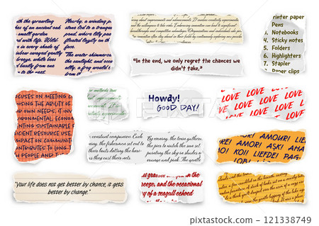 Ripped paper strips with handwritten text. Realistic crumpled paper scraps with torn edges. Shreds of notebook, book or old newspaper pages. Trendy collage elements. Vector illustration Ripped paper strips with handwritten text. Realistic crumpled paper scraps with torn edges. Shreds of notebook, book or old newspaper pages. Trendy collage elements. Vector illustration 121338749