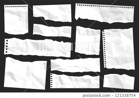Ripped paper strips. Realistic crumpled paper scraps with torn edges. Shreds of notebook, book or old newspaper pages. Trendy collage elements. Vector illustration Ripped paper strips. Realistic crumpled paper scraps with torn edges. Shreds of notebook, book or old newspaper pages. Trendy collage elements. Vector illustration 121338754