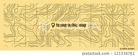 Colorful topographic map with contour lines. Geographic terrain grid, relief height elevation. Ground path pattern. Travel and navigation, cartography design element. Vector illustration 121338761