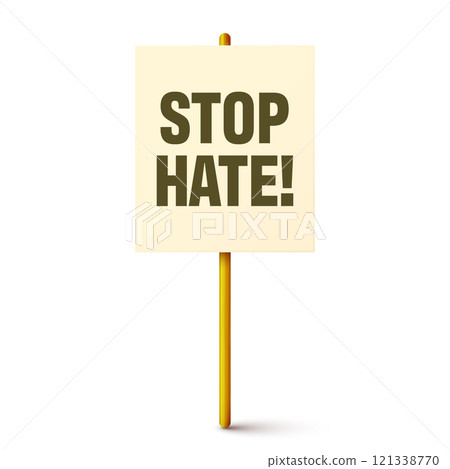 Protest sign with text slogan and wooden holder. Demonstration banner. Strike action cardboard placard mockup. Social advertisement. Vector illustration 121338770