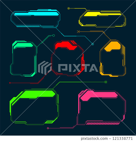 Futuristic HUD or UI elements. Sci-fi user interface text boxes, callouts. Colorful warning message frame, information boxes template. Modern game interface layout, digital style. Vector illustration 121338771