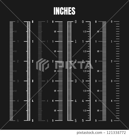 Vertical inch scale for measuring length or height. Various measurement scales with divisions. Ruler, tape measure marks, size indicators. Vector illustration 121338772