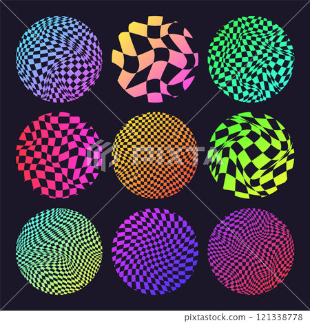 Groovy checkered pattern, neon round tiled grid. Vintage wavy curved backdrop, distortion effect. Funky geometric chessboard texture, retro background in 90s style, y2k. Vector illustration 121338778