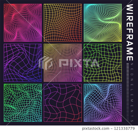 Colorful wireframe shapes, lined perspective mesh, 3d grid. Low poly geometric elements. Retro futuristic design elements, y2k, vaporwave and synthwave style. Vector illustration 121338779