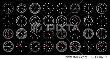 Mechanical clock faces with hands, bezel. Watch dial with minute, hour marks and numbers, arabic numerals. Timer or stopwatch element. Measuring circle scale with divisions. Vector illustration 121338784