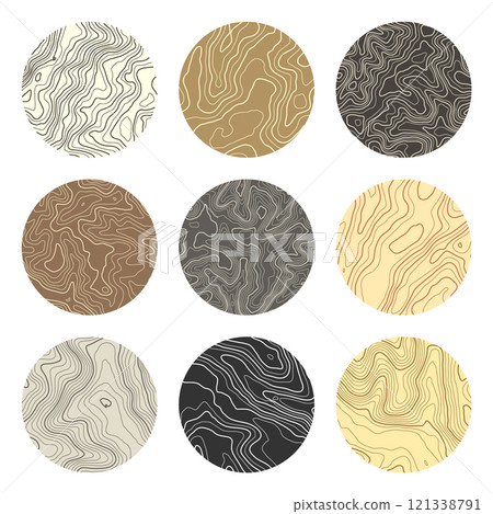 Colorful topographic map with contour lines. Geographic terrain grid, relief height elevation. Ground path pattern. Travel and navigation, cartography design element. Vector illustration 121338791