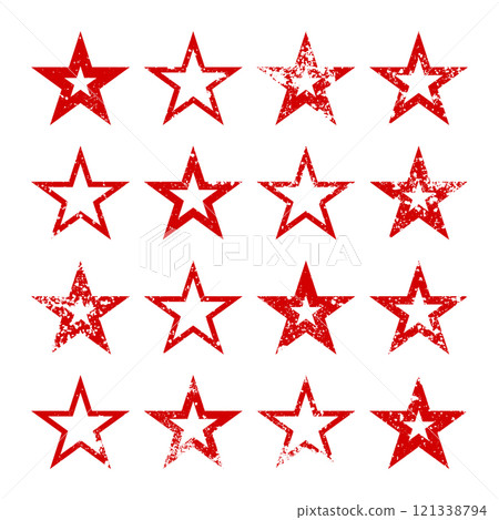 Red vintage stars with cracks and stains. Old hand-drawn sign, black simple shape. Retro design element with distressed effect, grunge texture. Vector illustration Red vintage stars with cracks and stains. Old hand-drawn sign, black simple shape. Retro design element with distressed effect, grunge texture. Vector illustration 121338794