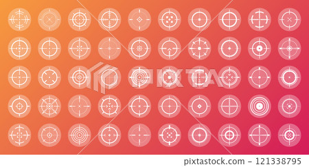 Colorful sniper rifle sights, weapon optical scope crosshair. Hunting gun viewfinder. Shooting mark symbol, aim. Military target sign. Game interface UI element. Vector illustration Colorful sniper rifle sights, weapon optical scope crosshair. Hunting gun viewfinder. Shooting mark symbol, aim. Military target sign. Game interface UI element. Vector illustration 121338795