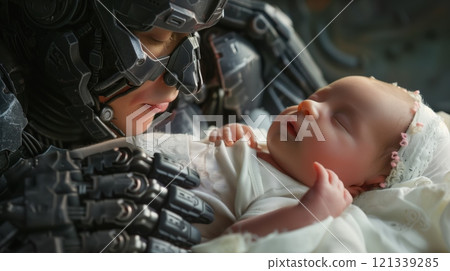 A Cyborg holding a baby tenderly, expressing a strong connection between human and machine A Cyborg holding a baby tenderly, expressing a strong connection between human and machine 121339285