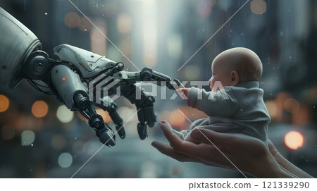 Robot hand reaches out to newborn, symbolizing connection between humanity and technology 121339290