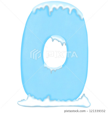 Number zero in icy blue color, covered with frost and icicles, evoking a cold and wintery vibe. 121339332