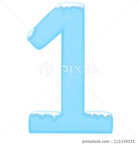 Number one in frosty blue color, adorned with ice and icicles, capturing a cold, winter-inspired design. 121339333