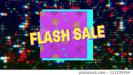 Image of flash sale text over colourful shapes and light spots on black background Image of flash sale text over colourful shapes and light spots on black background 121339394