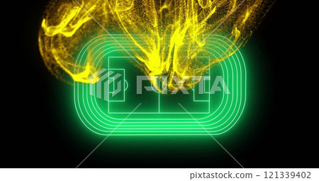 Yellow particles and green neon lines forming stadium image over black background 121339402