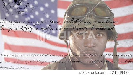 Constitution text image over soldier with American flag background Constitution text image over soldier with American flag background 121339424