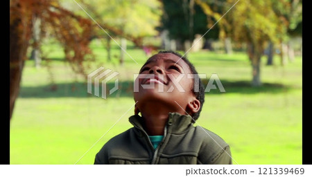 Child looking up at autumn leaves in park, enjoying nature's beauty Child looking up at autumn leaves in park, enjoying nature's beauty 121339469