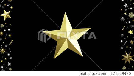 Image of gold star spinning over christmas decorations on black background 121339480