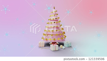 Image of snowflakes and christmas tree with decorations on pastel background Image of snowflakes and christmas tree with decorations on pastel background 121339506