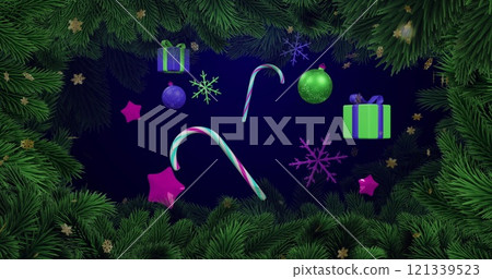 Image of stars over fir tree and christmas decorations on black background 121339523