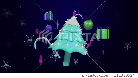 Image of snowflakes over christmas tree and decorations on black background 121339524