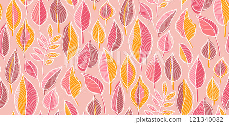 Seamless pattern of stylized leaves with varied leaf shapes in pink, orange, and yellow with white outlines on a soft pink background. Ideal for textiles, wallpapers, and decorative applications. 121340082