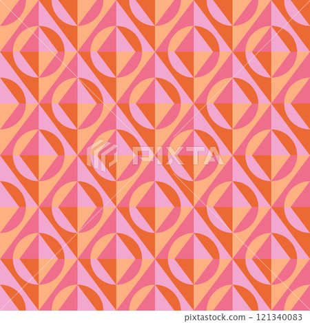 Geometric seamless pattern featuring interlocking circles and rhombuses in shades of orange, pink, and peach. Creates an optical illusion effect, suitable for textiles, wallpapers, backgrounds. Geometric seamless pattern featuring interlocking circles and rhombuses in shades of orange, pink, and peach. Creates an optical illusion effect, suitable for textiles, wallpapers, backgrounds. 121340083