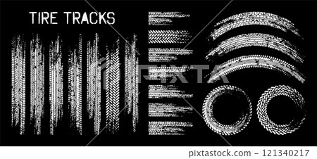 Grunge tire tracks, wheel braking marks. Truck, car or motorcycle tread pattern silhouettes. Auto race, motorsport, speed racing design element. Vector illustration 121340217