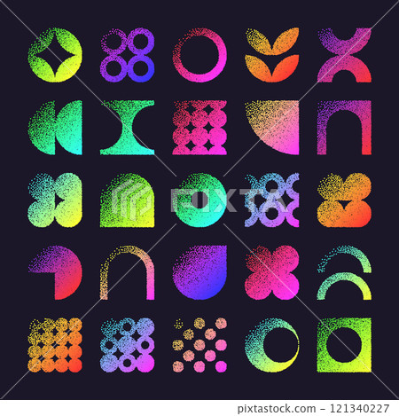 Brutalist geometric shapes, dotted objects. Stipple elements modern symbols. Neon primitive forms. Retro design, trendy contemporary minimalist style, y2k. Dot shading, drawing. Vector illustration Brutalist geometric shapes, dotted objects. Stipple elements modern symbols. Neon primitive forms. Retro design, trendy contemporary minimalist style, y2k. Dot shading, drawing. Vector illustration 121340227