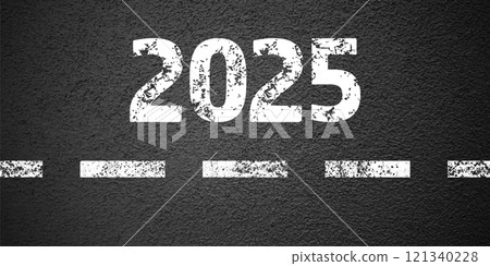 Asphalt road with white lane marking, concrete highway surface, texture. New year 2025. Street traffic line, road dividing strip. Pattern grainy structure, grunge background. Vector illustration Asphalt road with white lane marking, concrete highway surface, texture. New year 2025. Street traffic line, road dividing strip. Pattern grainy structure, grunge background. Vector illustration 121340228
