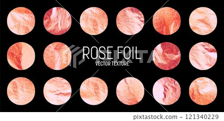Rose gold foil, shiny handmade circles. Golden glittering texture, pattern. Luxury shining hand drawn background. Wedding greeting card decoration elements. Modern minimalist art. Vector illustration 121340229