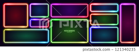 Colorful glowing neon banners, illuminated square frames. Shiny vibrant border, glow effect. Purple vintage retro lights, night illumination. Modern futuristic UI design elements. Vector illustration Colorful glowing neon banners, illuminated square frames. Shiny vibrant border, glow effect. Purple vintage retro lights, night illumination. Modern futuristic UI design elements. Vector illustration 121340235