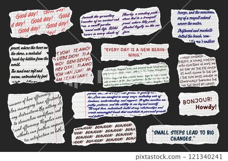Ripped paper strips with handwritten text. Realistic crumpled paper scraps with torn edges. Shreds of notebook, book or old newspaper pages. Trendy collage elements. Vector illustration 121340241