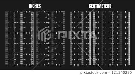 Vertical centimeter and inch scale for measuring length or height. Various measurement scales with divisions. Ruler, tape measure marks, size indicators. Vector illustration 121340250