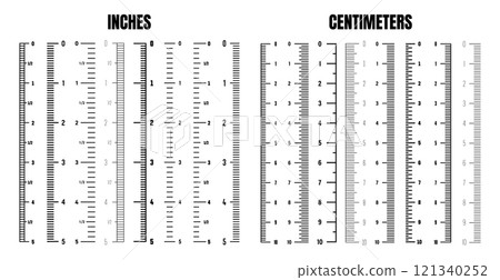 Vertical centimeter and inch scale for measuring length or height. Various measurement scales with divisions. Ruler, tape measure marks, size indicators. Vector illustration Vertical centimeter and inch scale for measuring length or height. Various measurement scales with divisions. Ruler, tape measure marks, size indicators. Vector illustration 121340252