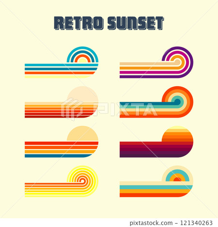 Horizontal vintage sunsets. Various colorful striped sunrise badges in 80s and 90s style. Sun and ocean view, summer vibes, surfing. Design element, print, logo or t-shirt. Vector illustration 121340263