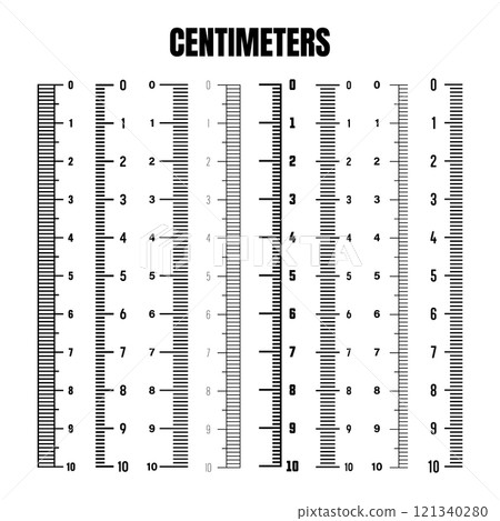 Vertical centimeter scale for measuring length or height. Various measurement scales with divisions. Ruler, tape measure marks, size indicators. Vector illustration 121340280