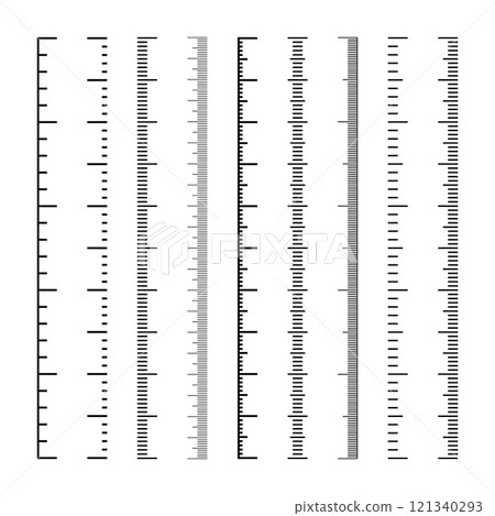 Vertical measurement scales with divisions. Realistic scale for measuring length or height in centimeters, millimeters or inches. Ruler, tape measure marks, size indicators. Vector illustration 121340293