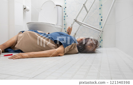 Elderly woman falling in bathroom because slippery surfaces. Elderly woman falling in bathroom because slippery surfaces. 121340398
