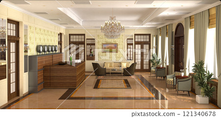 hall, hotel lobby, interior visualization, 3D illustration 121340678