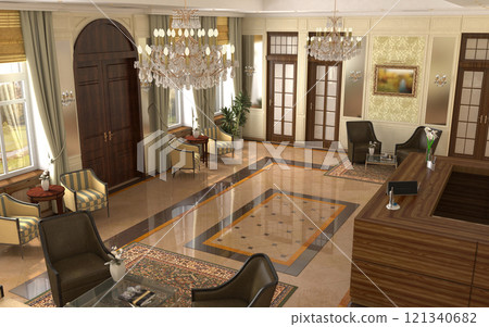 hall, hotel lobby, interior visualization, 3D illustration hall, hotel lobby, interior visualization, 3D illustration 121340682