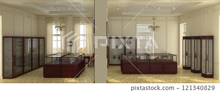 museum, exhibition hall, interior visualization, 3D illustration museum, exhibition hall, interior visualization, 3D illustration 121340829