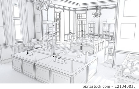 museum, exhibition hall, interior visualization, 3D illustration museum, exhibition hall, interior visualization, 3D illustration 121340833