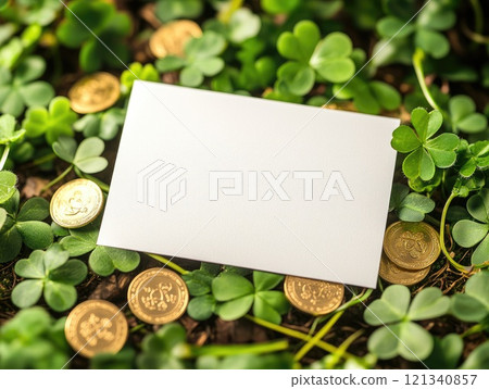 Blank white postcard on green clover leaves and gold coins for st. Patricks day design 121340857
