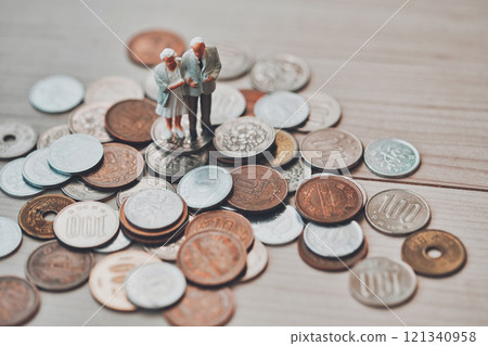 Miniature senior male and female partners with money 121340958