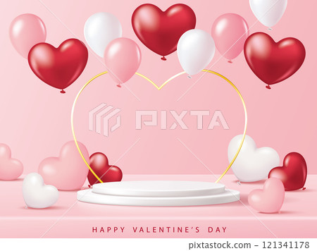 Crimson and powder color love heart ball bell product display stand, lover's day, mother's day, women's day, birthday, wedding, commemorative day wide wide announcement announcement material sheet 121341178